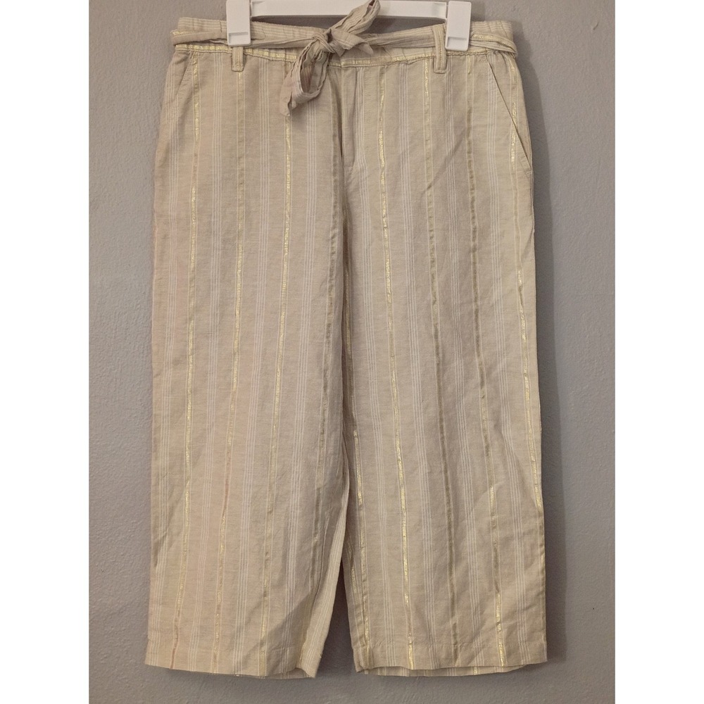 Liz Claiborne Classic Straight Leg Capris Tan‎ Gold Striped Beachy Summer Sz Med